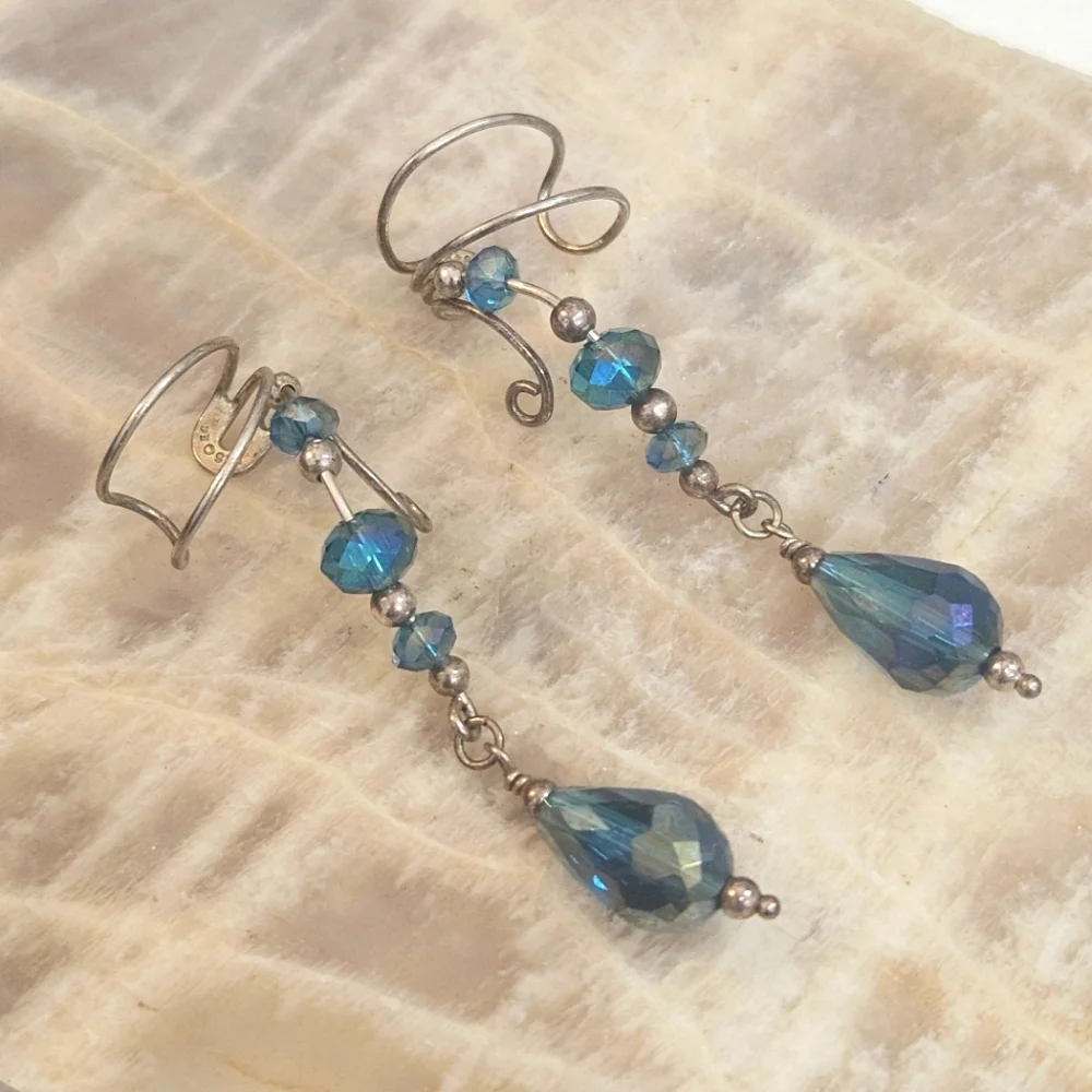 925 Teal Blue Briolette Crystal Dangle Ear Cuff Ear Charm Pair Sterling Silver